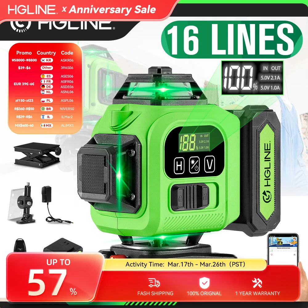 HGLINE 16 Lines Laser Level Professional 4x360° Cross Horizontal Vertical Levels Machine APP Remote Control Laser Level Tool