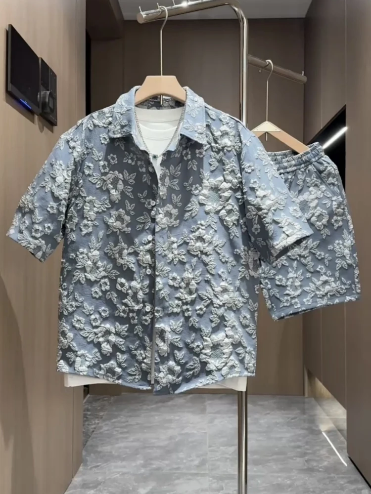 

Summer Faionable Couple Casual ort Sve irt And ort Pants Set Men's Sli Embroidery Two-Piece Cotton Blend Ensemble
