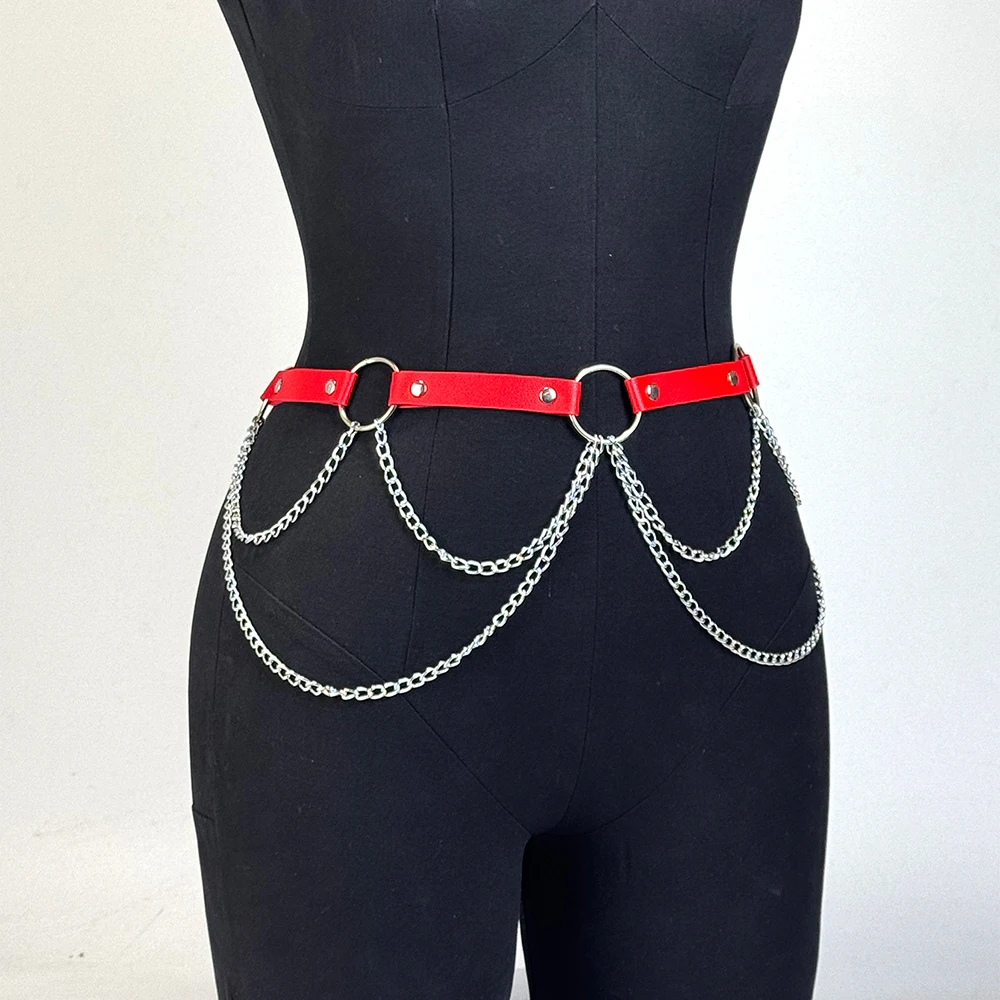 Women Fashion PU Leather Harness Belt Gothic Y2K Multi-layer Chain Waist Cincher Punk Adjustable Vintage O-Ring for Party Dress view 6