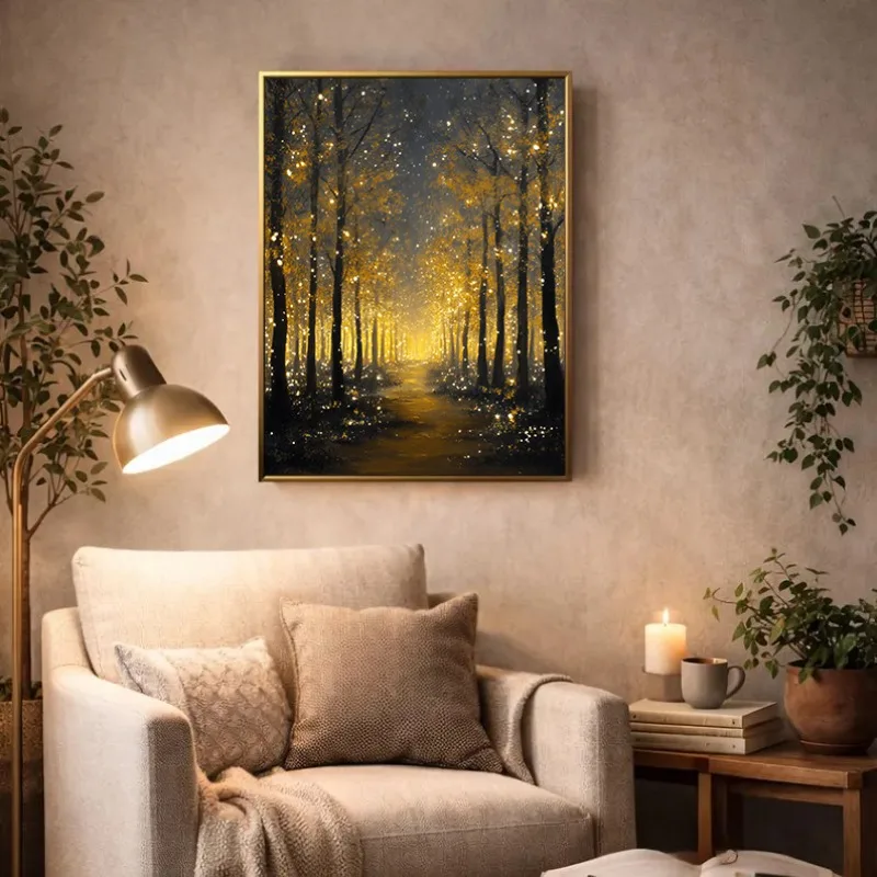 Magical Enchanted Fireflies Mushroom Forest Sunset Field Meadow Landscape Aesthetic Canvas Poster Wall Art Pictures Home Decor