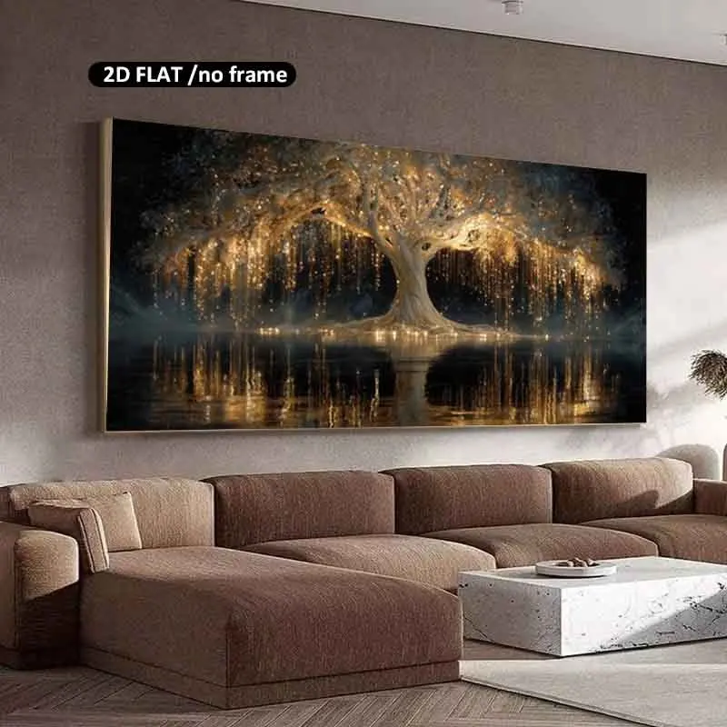 

2D Flat Abstract Magical Illuminated Tree Reflection Canvas Wall Art, Unframed Large Canvas Prints Perfect for Modern Home Decor