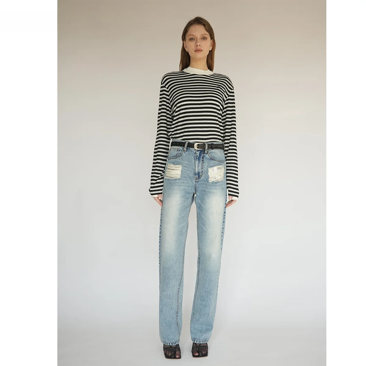 

MDNOTE светло-голубые джинсовые брюки с блестками и дырками, хлопковые эластичные брюки с высокой талией, весна-лето, Новое поступление, женские джинсы премиум-класса