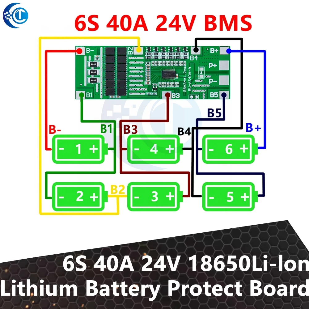 24V 6S 40A 18650 Li-Ion Lithium Battery Poretect Board Solar Lighting BMS PCB with Balance for Ebike Scooter