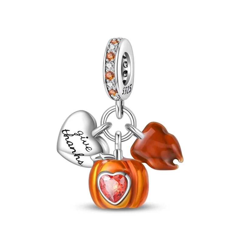 Herbstserie aus 925er-Sterlingsilber, braune Ahornblätter, Vogelscheuche, Eichhörnchen, Kürbis-Charms, Perlen, passend für Pandach-Armbänder, DIY-Schmuck – Detail 16