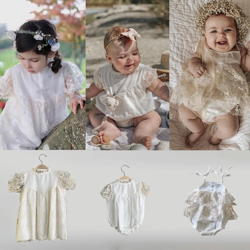 new Bebe-organic Summer Children Linen Dress Cotton blossom dress lace embroidery half sleeve skirt tank dress