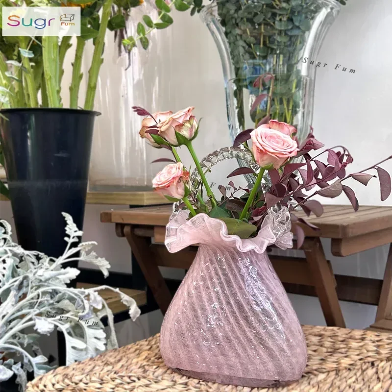 

Изысканная стеклянная сумочка, ваза, стеклянная корзина для цветов, гостиная, мягкое украшение, цветочная композиция и украшения.