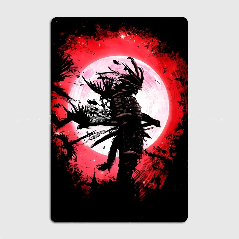 

Japanese Samurai With Katana And Red Moon Metal Tin Sign Truck Indoor and Outdoor Home Bar Coffee Kitchen Wall Decoration