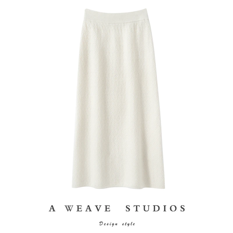 New Autumn Winter Women 100% Premium Cashmere Textured Knit A-Line Long Skirt Elastic Waist Elegant Minimalist Knit Midi Skirt