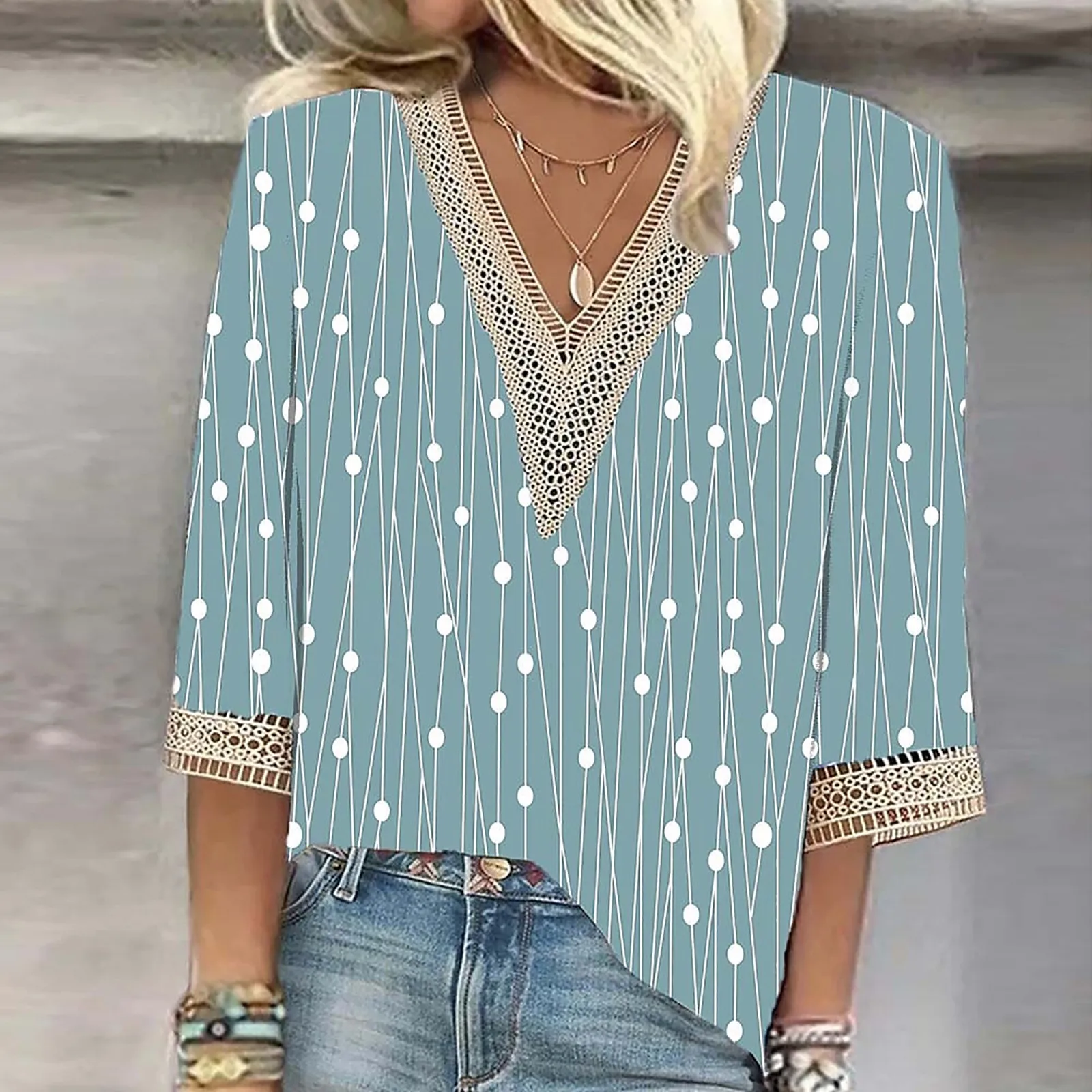 

Women'S Shirt 2024 Blouse Casual Loose Shirts 3/4 Sleeve Lace Trims Print V Neck Tops Print Tops T-Shirts Tee البلوفرات