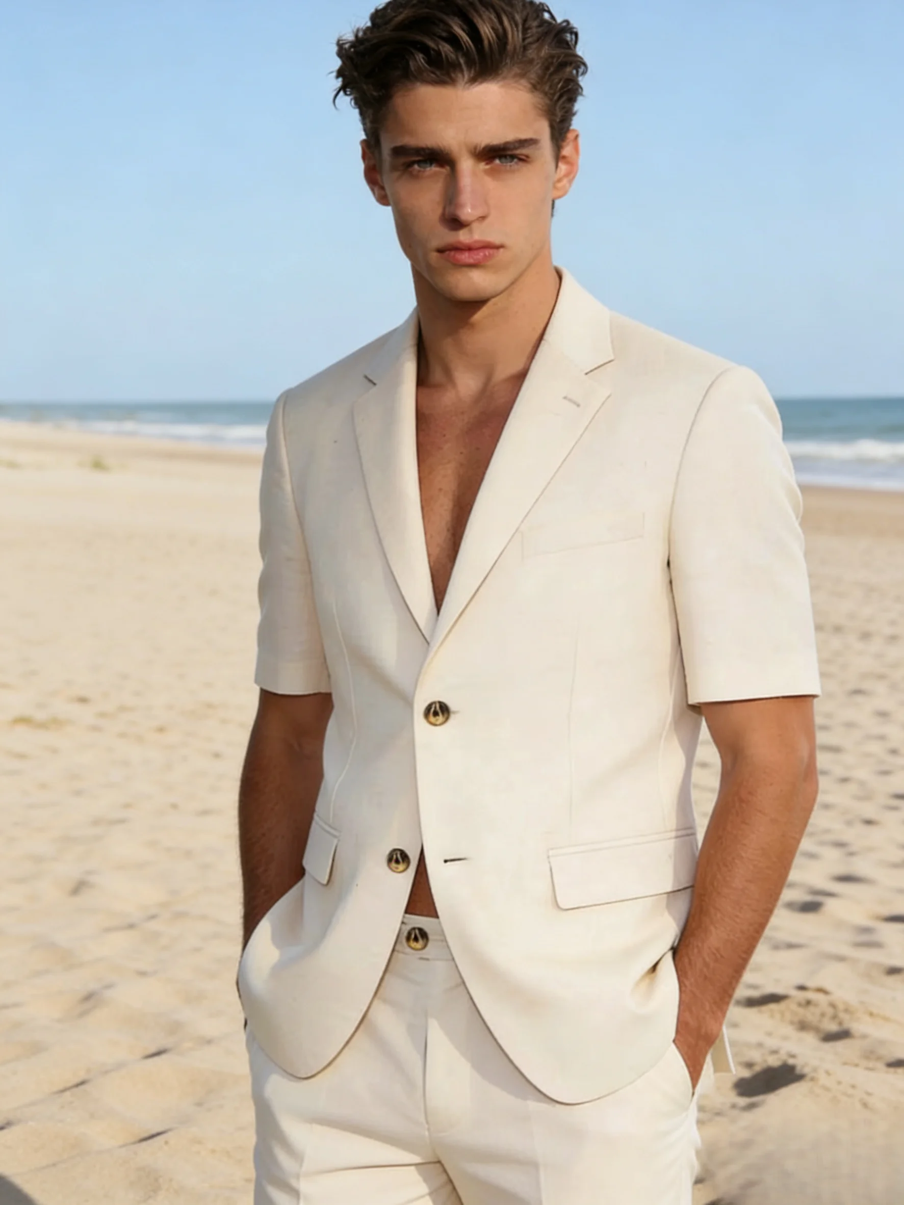 

Men's White Single Breasted Short Sleeve Suit 2 Piece Set - Casual Linen Blazer & Shorts for Beach Wedding & Summer Party