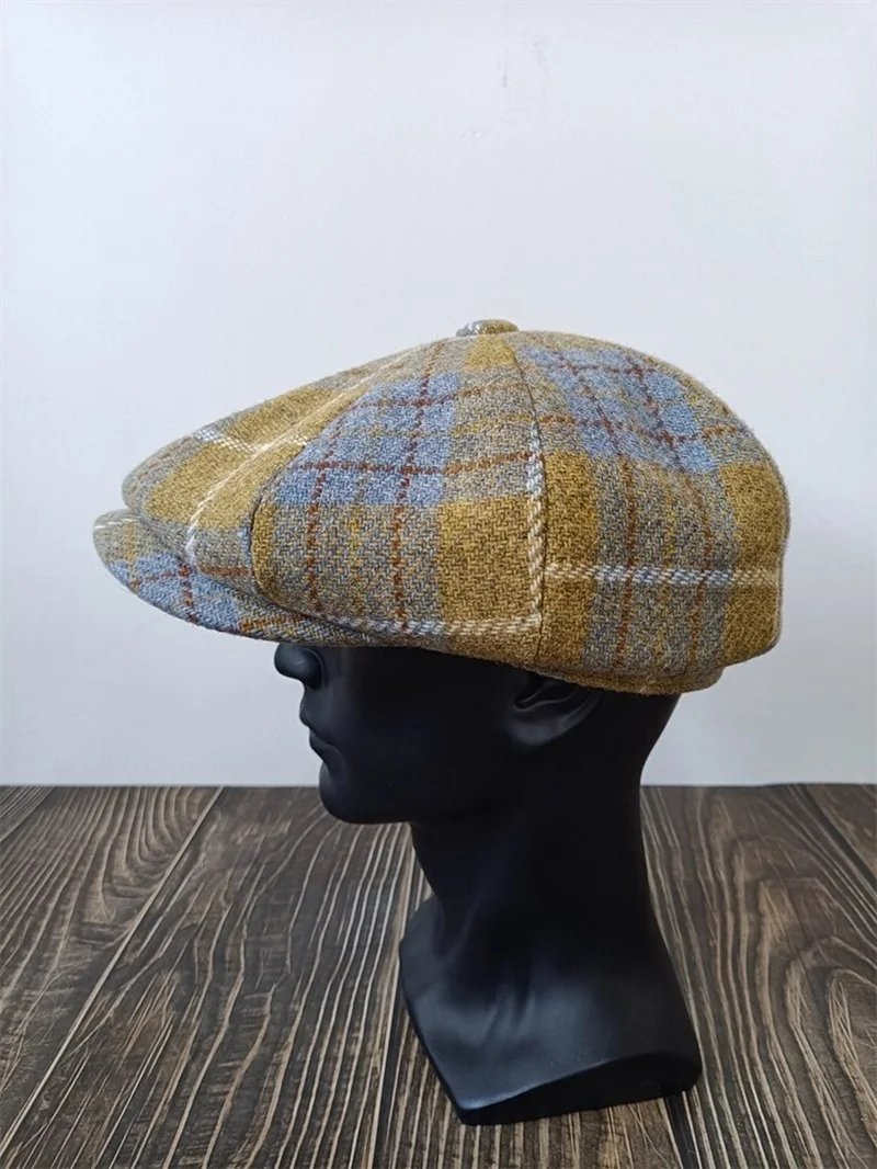 Men's 8 Panel Wool Blend Newsboy Flat Cap ,Check Pattern Herringbone Tweed Hat for Fathers Women Unisex Painter's Hat