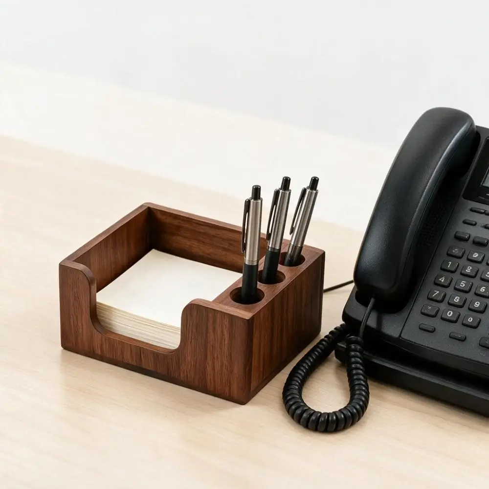 Nordic Style Wooden Desk Organizer 3 Pen Slots Rectangular Pen Holder Non-slip Polished Surface Sticky Note Holder Study