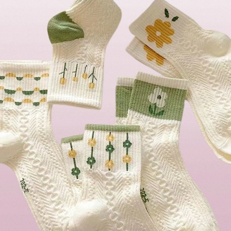 5 paires de chaussettes mi-tube pour femmes, confortables, polyvalentes, mignonnes, style universitaire, blanches, respirantes, décontractées, longues, été