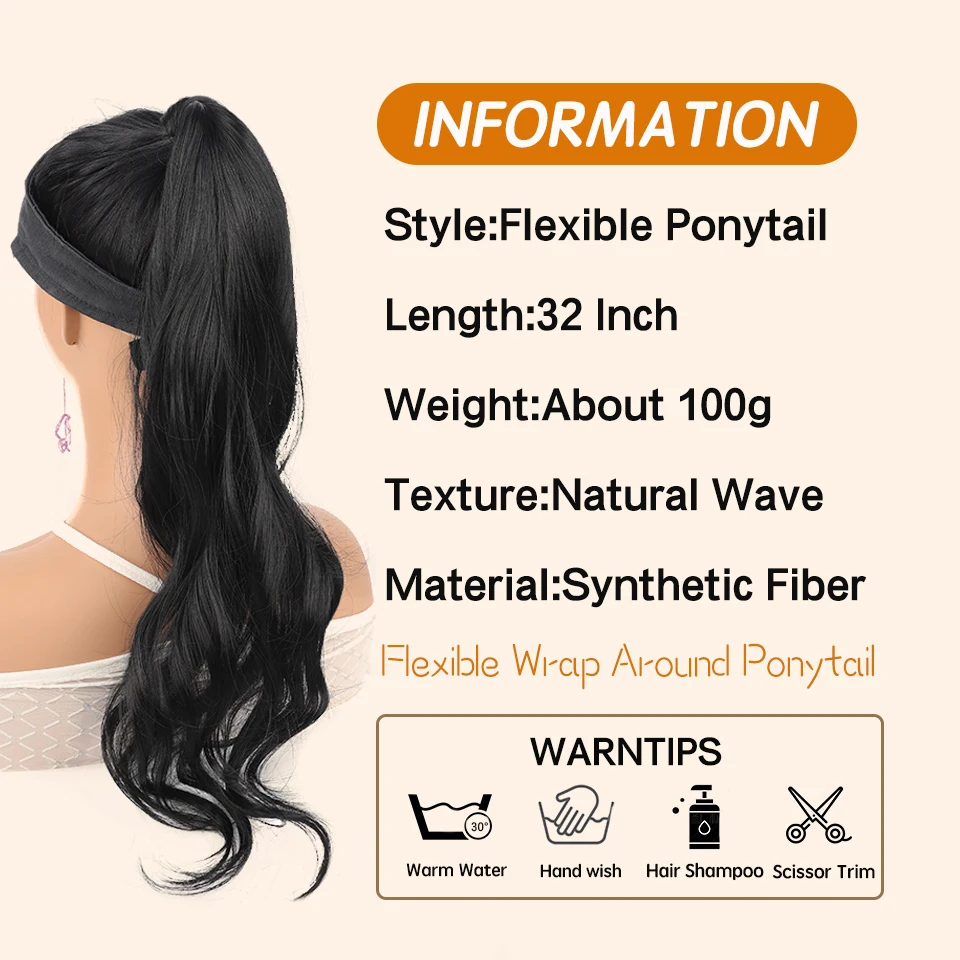 LUPU Synthetic Hair Ponytail 32 Inch Flexible Wrap Hair Extensions Long Wave Ponytail Extension Curly Pony Tail Wig Women Daily