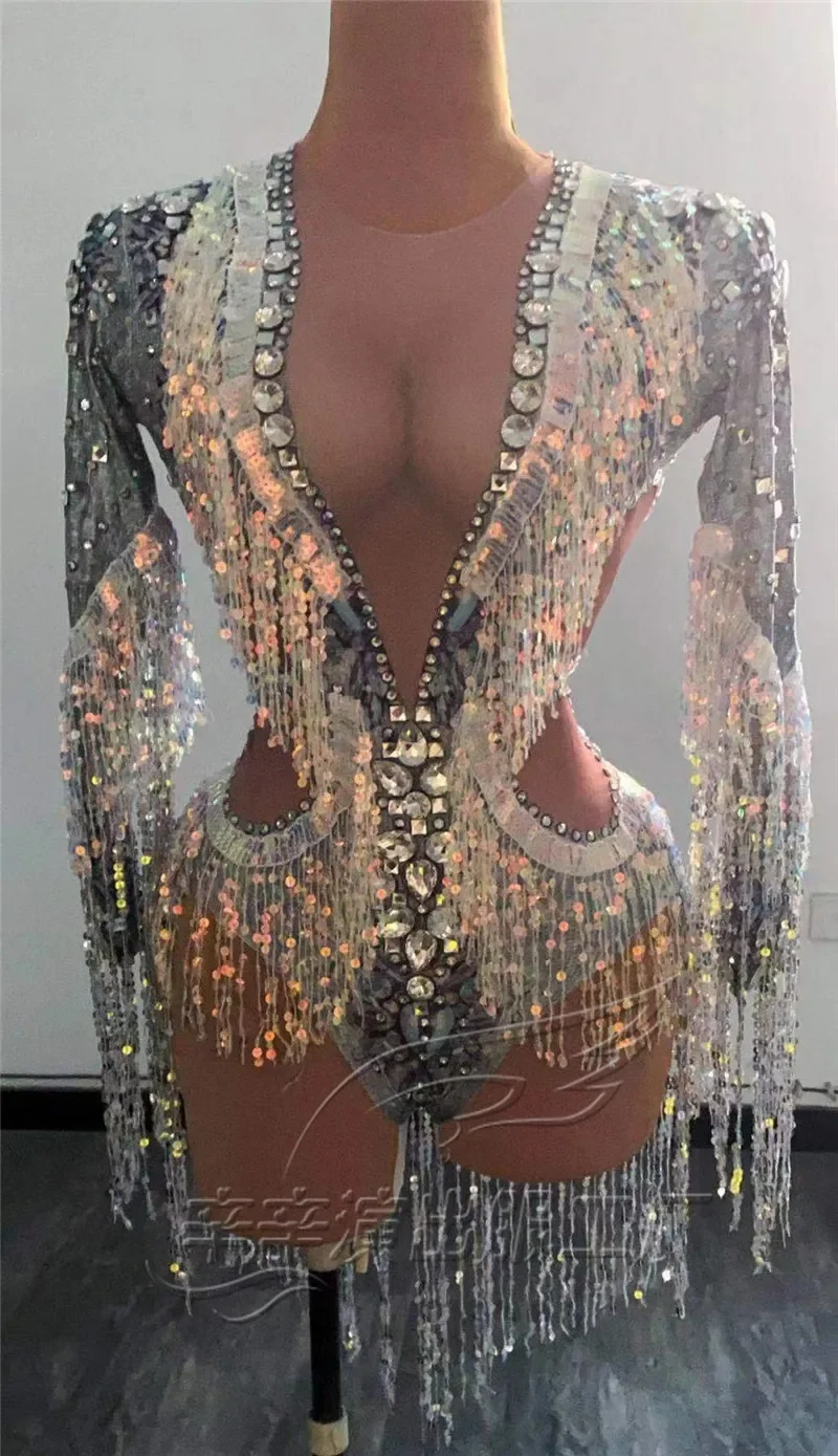 Collant elástico boate dj cantor ds traje festa mostrar roupas de palco brilhante strass lantejoulas manga longa borlas bodysuit