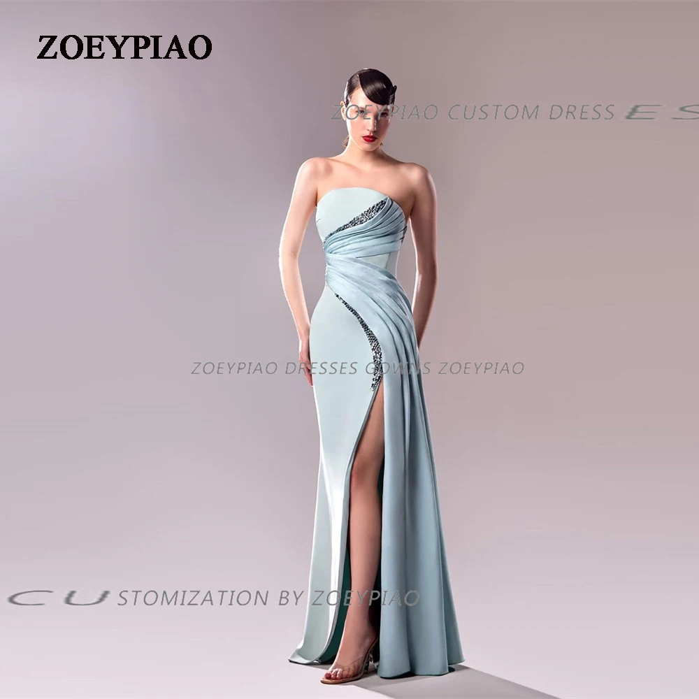 

Elegant Green Shiny Women Strapless Evening Party Dress Satin High Split Side Wedding Prom Gowns Formal Vestidos Dresses