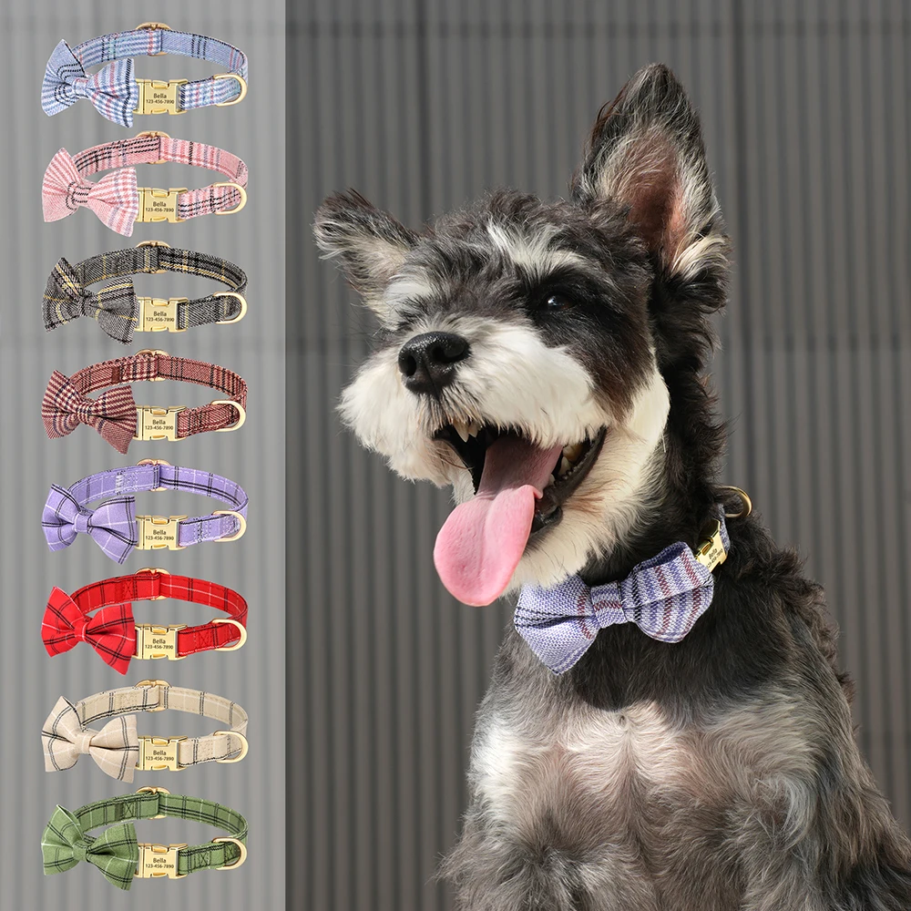 Customized Nylon Dog Collar Cute Bowknot Puppy Dog Collars Free Engraved Pet ID Name Necklace For Small Medium Dogs Chihuahua