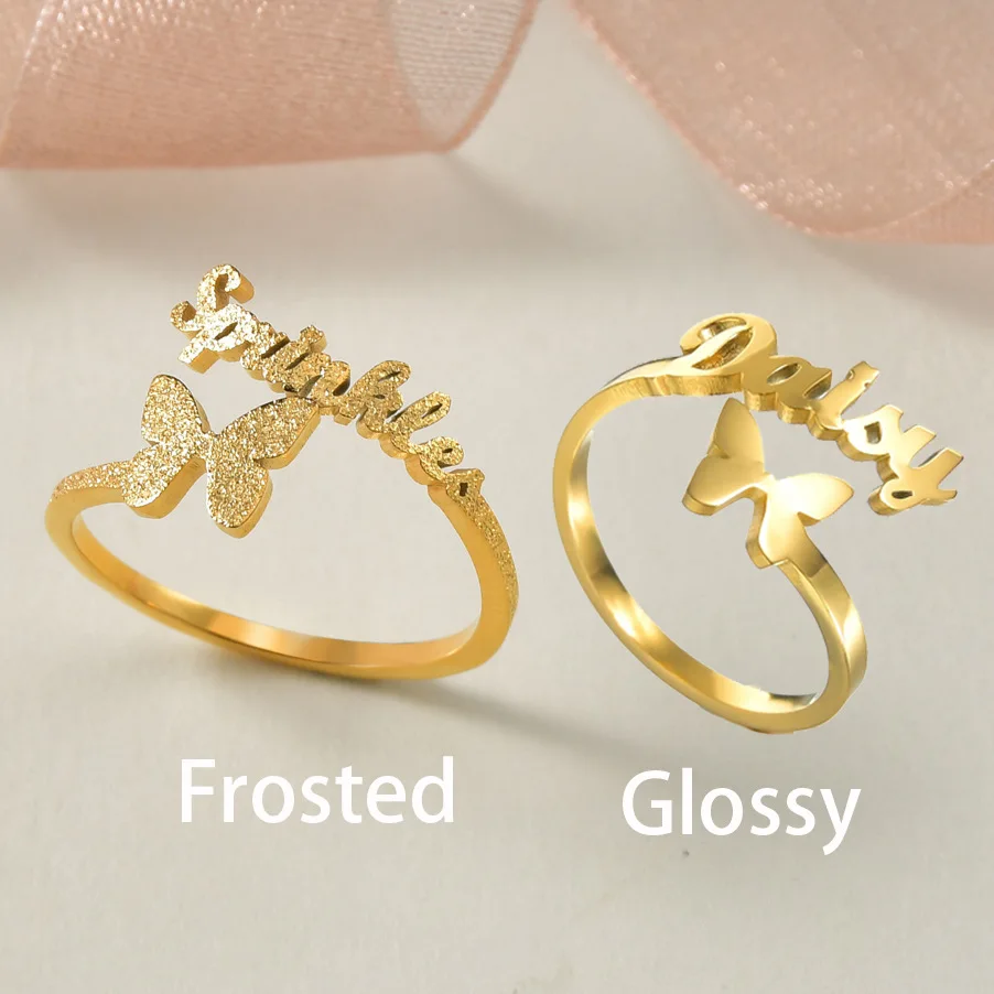 Lateefah DIY Stainless Steel English Letter Name Ring Personalized Butterfly Adjustable Opening Ring