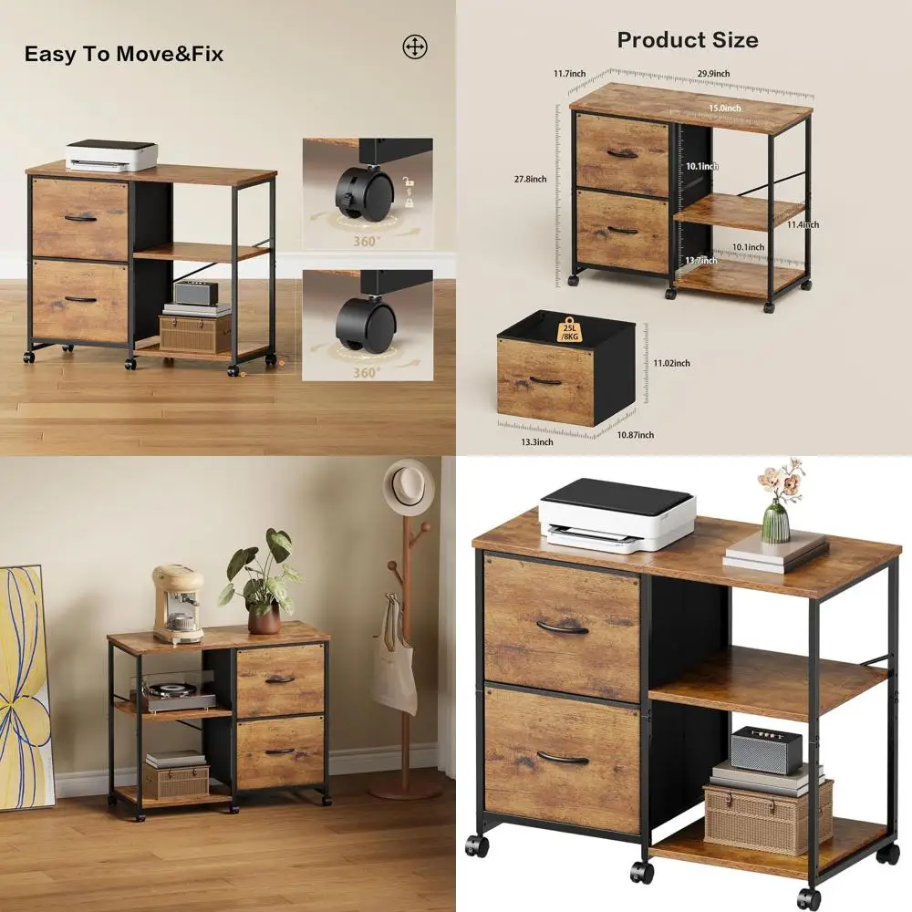 

Тканевый боковой шкаф для документов с 2 ящиками и колесиками, подставка для принтера на колесиках с открытой полкой для хранения для домашнего офиса, коричневый в деревенском стиле