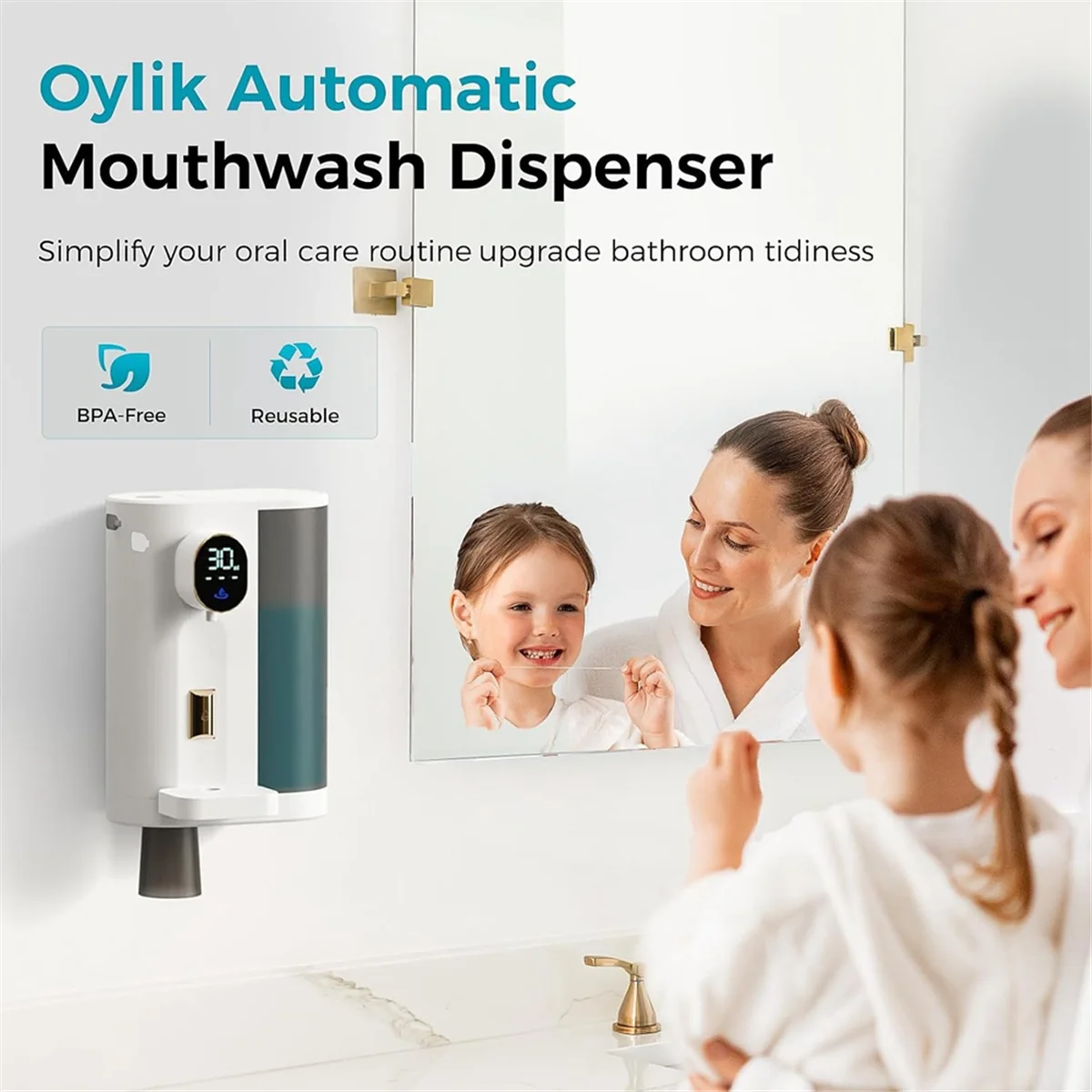 Distributeur automatique de bain de bouche pour salle de bain, avec 2 tasses, 4 niveaux et écran LED, bain de bouche électrique intelligent