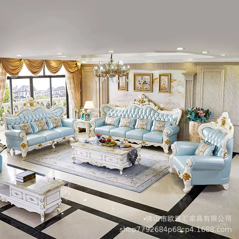 European  Leather Sofa 1234 Style Solid Wood Carving Ivory White Four-person Size Luxury Villa