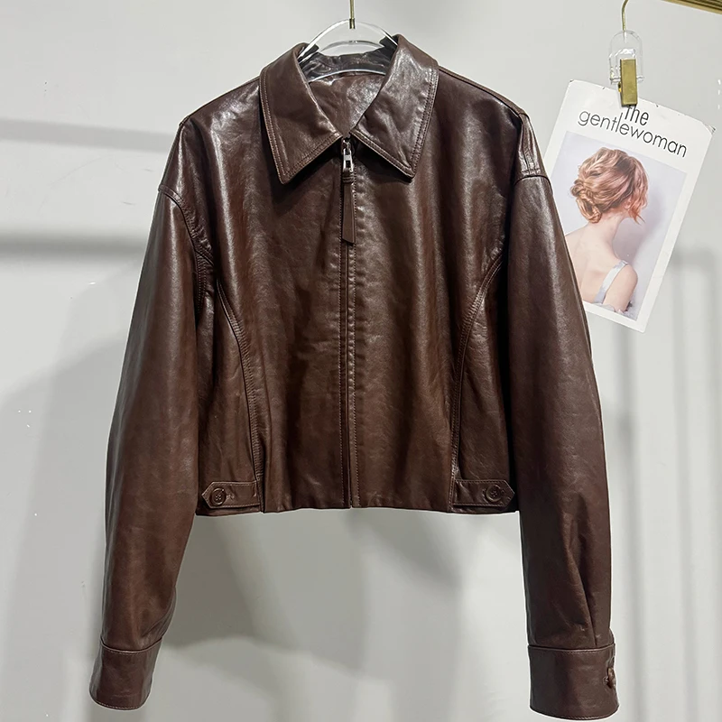 秋冬ショート本革ジャケット輸入オイルワックスシープスキンファッションチャケータムヘールブラック/ブラウンルーズカジュアルトップコート