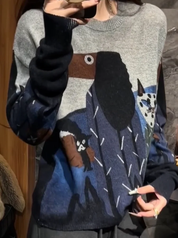 

Корейский свитер с мультяшным принтом, осенняя новинка, большие размеры, универсальный молодежный топ, стройнящий силуэт, теплый, с длинными рукавами, вязаный.