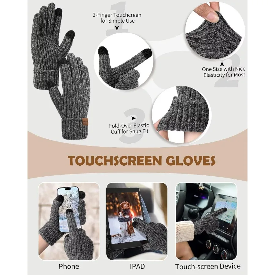 여성 비니 스카프 장갑 헤어밴드 세트 셔닐 겨울 모자 플리스 안감 귀마개 니트 스카프 터치스크린 장갑 4종 선물 세트