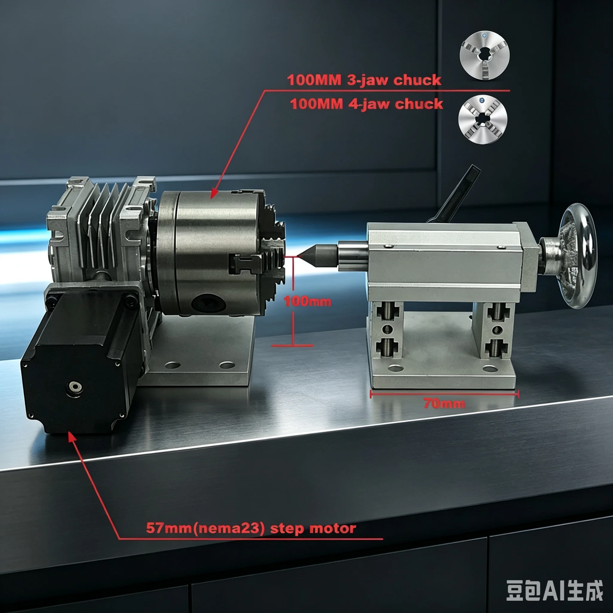DIY 4th A Rotary Axis 100mm Chuck Tailstock CNC Dividing Head Rotation Axis Kit for Mini CNC Router Engraver with 3 Jaws Chuck