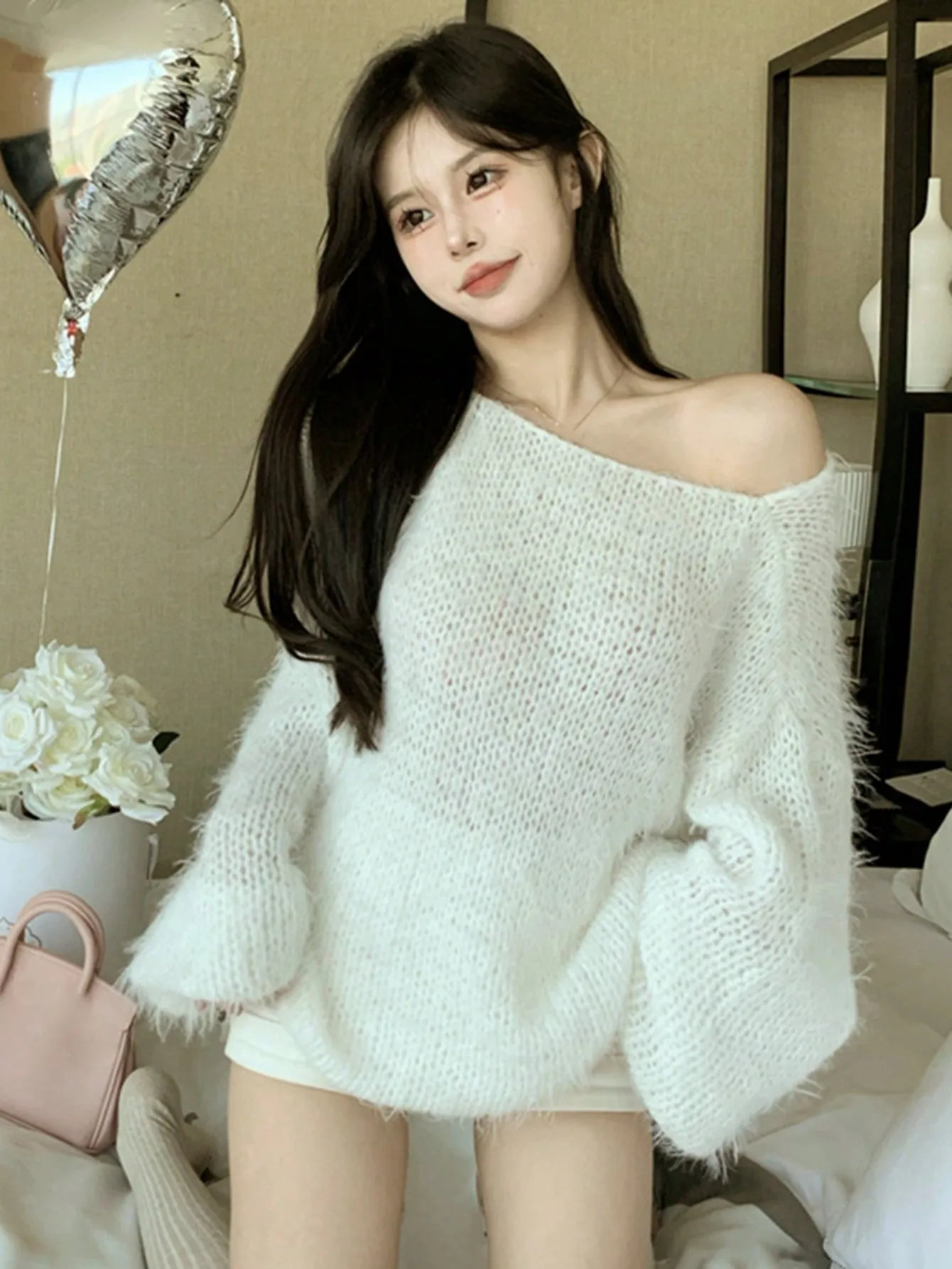 Pull Chic coréen à manches longues pour femmes, Style paresseux Ins, asymétrique épaule dénudée, à la mode, printemps et été
