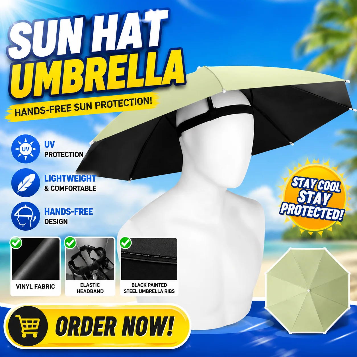 Portable Hands-Free Umbrella Hat Sun Protection Fishing Cap Large Headwear UV Shield for Outdoor Gardening Beach Camping Travel