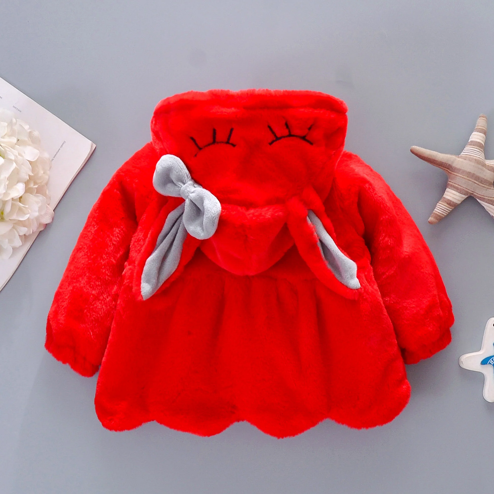 Girls\' Wool Coat Autumn And Winter Children\'S Bow Long Ear Hood Lightweight Winter Yarn Clip Thin Cotton Coat