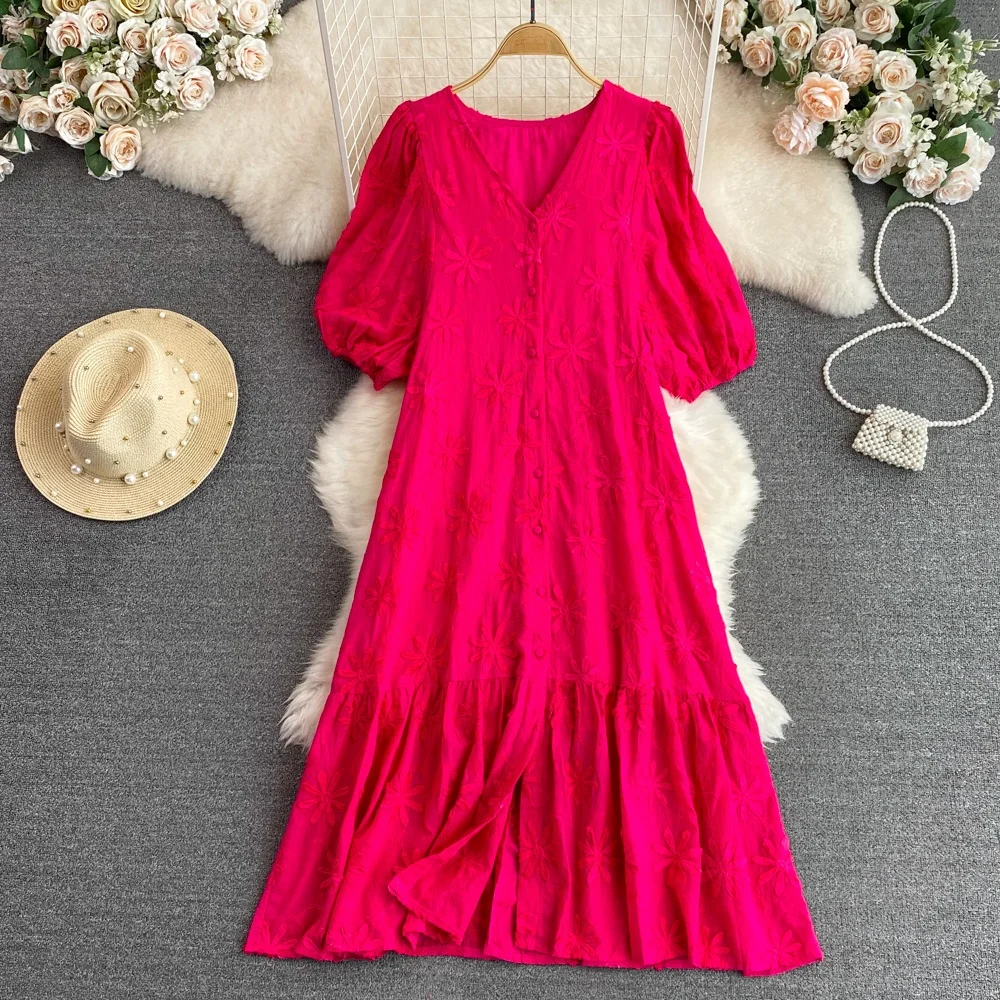 초상기 사랑 티 브레이크 가운 젠틀 빈티지 버블 반팔 브이넥 싱글 버튼 A라인 드레스 한국 스타일 출퇴근 순색