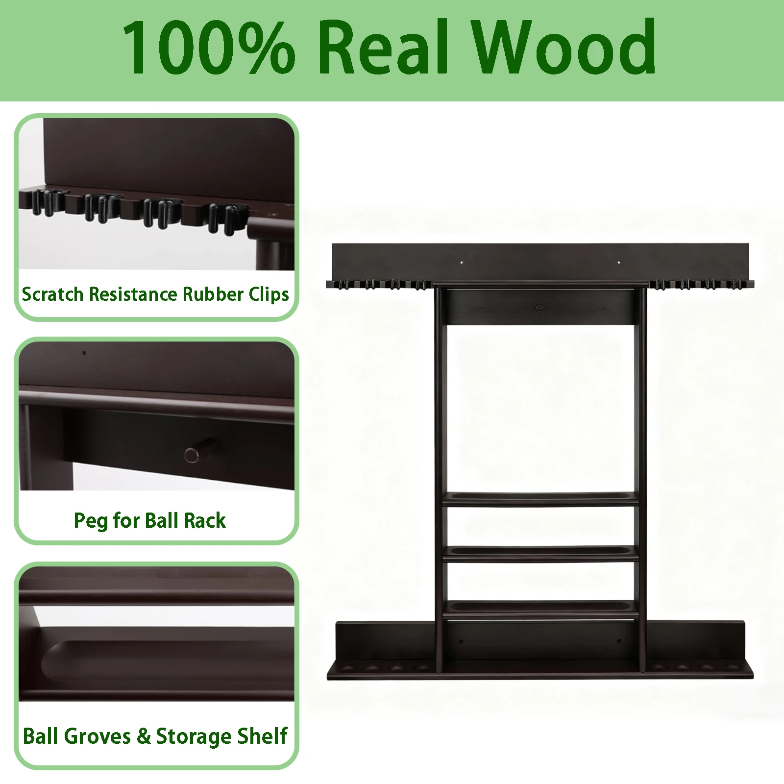 8-Cue Wall-Mounted Pool Cue Rack Stand, Solid Wood Billiard Stick Holder for Full Ball Set & Accessories, Home, Game Room, Bar