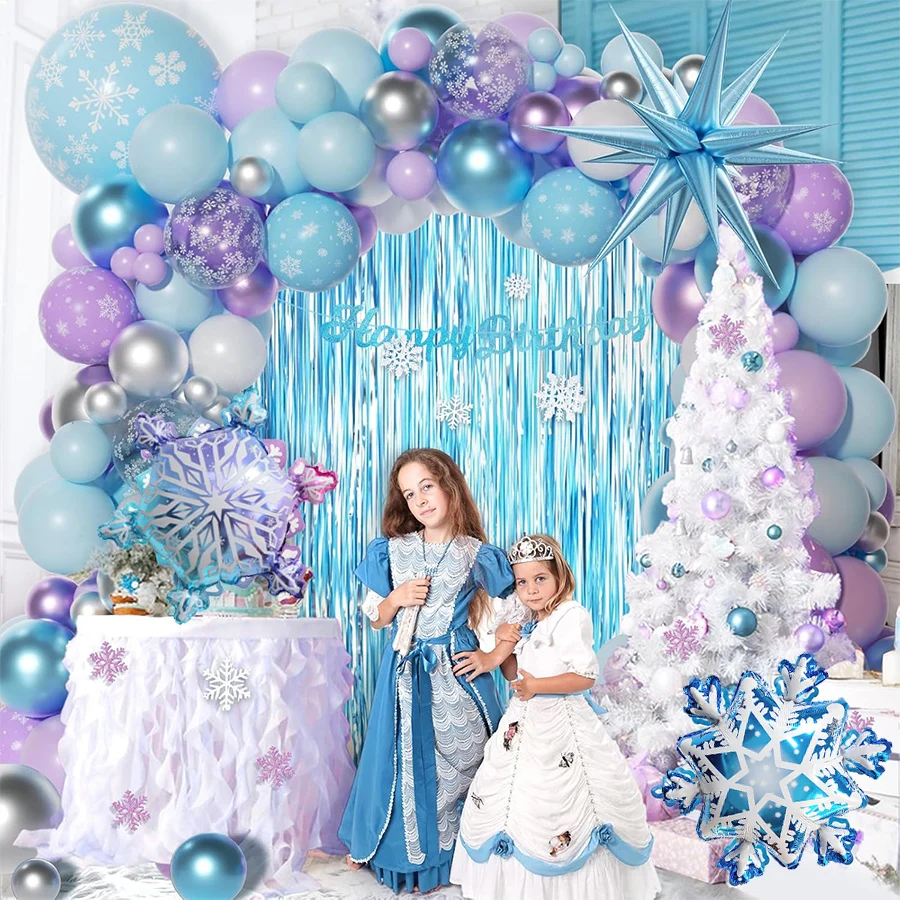 Blue Purple Sliver White Frozen Snowflake Balloon Arch Garland Kit for Winter Wonderland Birthday Snow Queen Party Decorations view 6