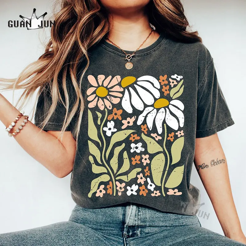 

Boho Wildflowers Floral Nature Shirt Garment Dyed Vintage Graphic T-Shirt T-Shirts Women Tee Shirt Streetwear Tops