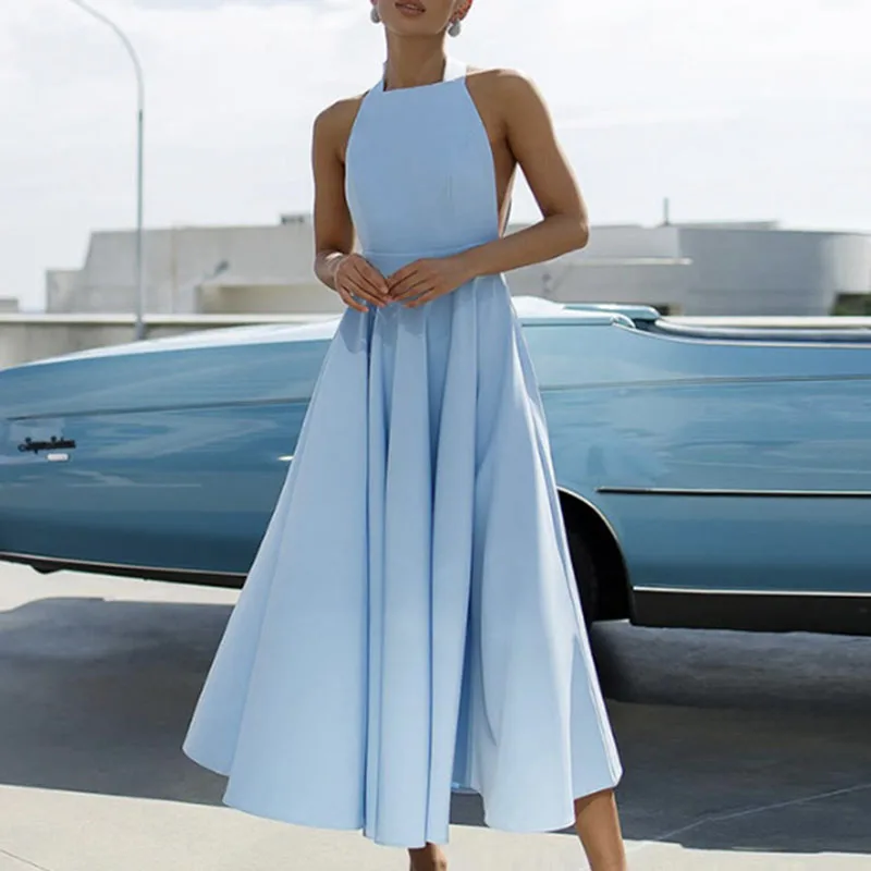 Abito lungo con orlo a vita alta solido sexy primaverile Donna Elegante abito da festa con fiocco con lacci allacciato all'americana Abito Boho senza maniche senza schienale estivo