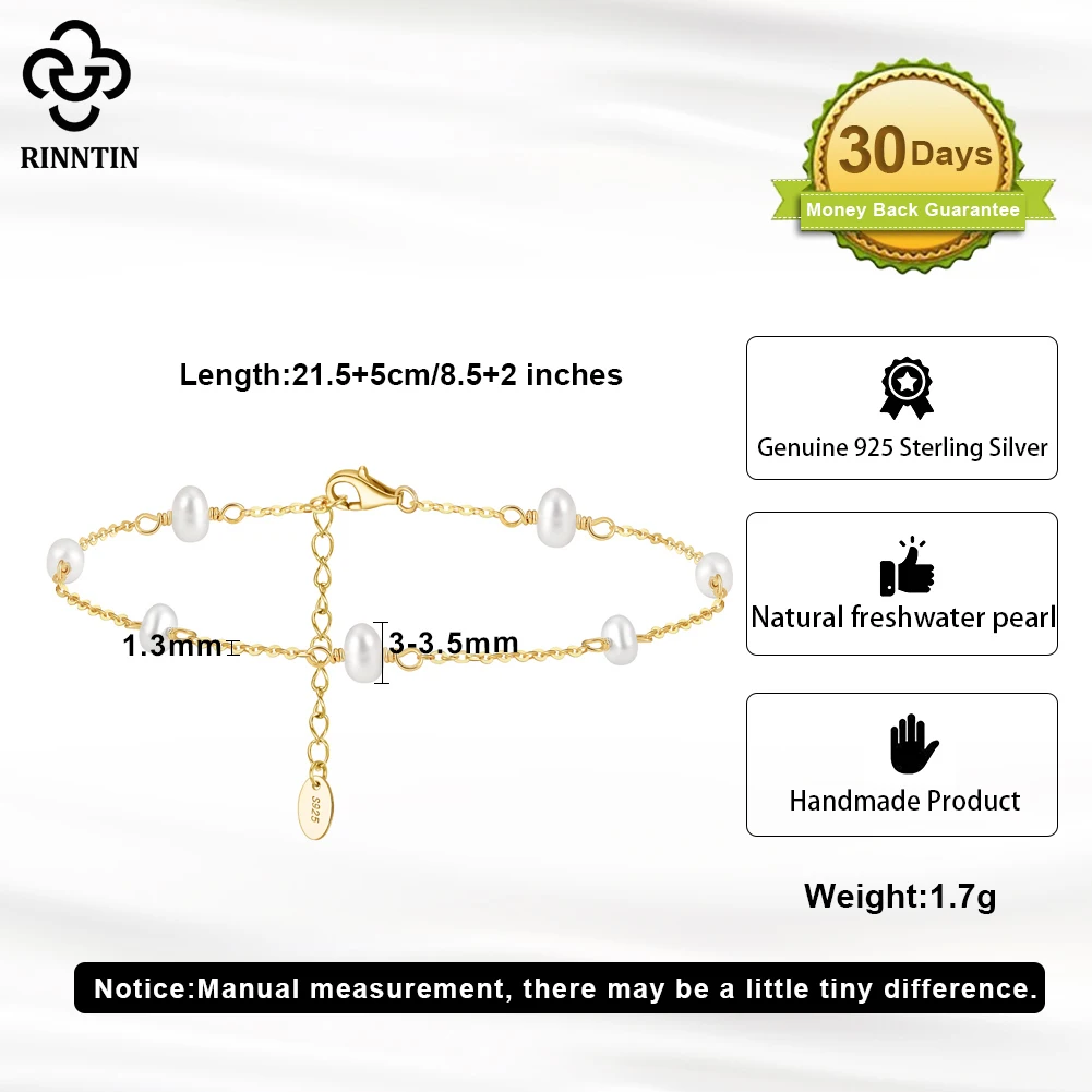 Rinntin 925 Sterling Silver Natural Baroque Pearls Anklets for Women Fashion Foot Bracelet Ankle Straps Pearls Jewelry SA37