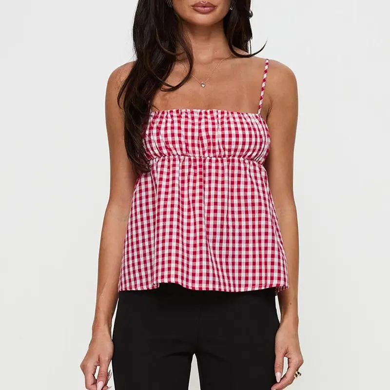 

Combhasaki Women Summer Y2K Cute Plaid Print Camis Top Adjuatble Thin Spaghetti Straps Low Cut Backless Babydoll Crop Tank Vest