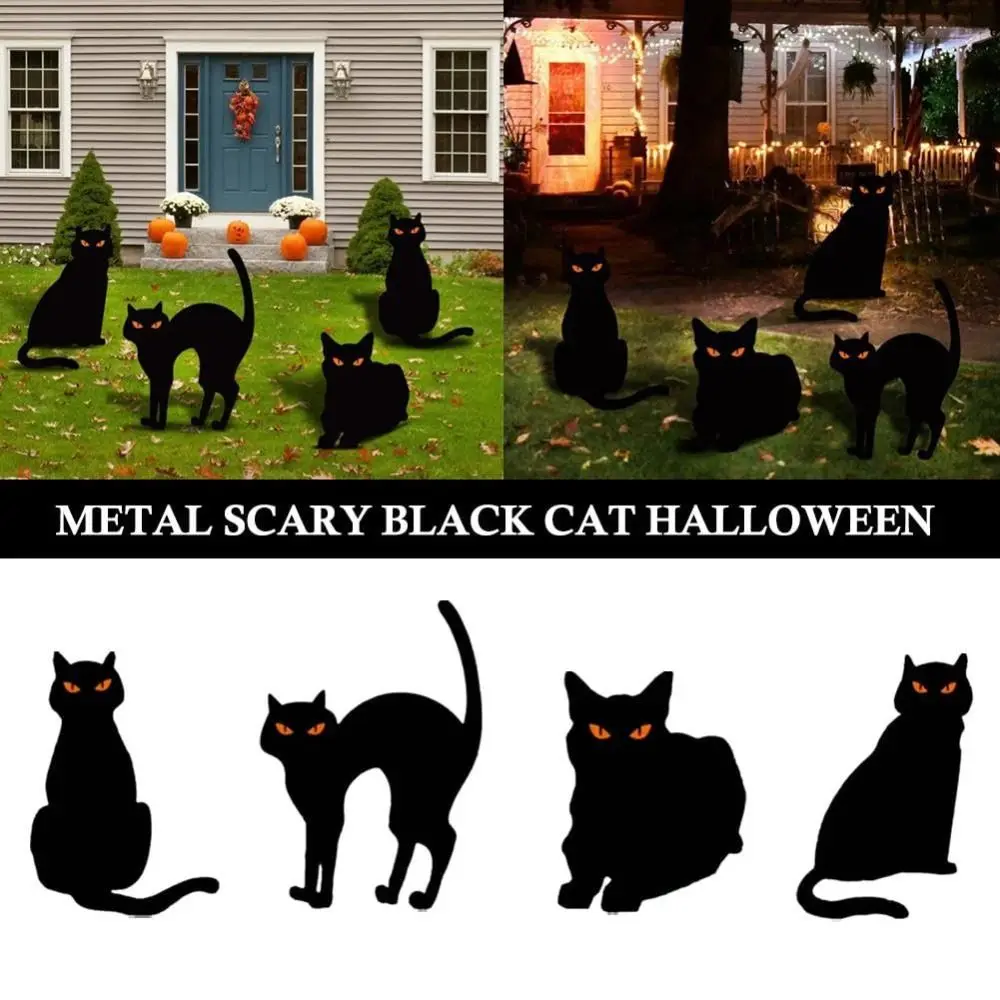 Black Cat Metal Statues Iron Art High Quality Ground Inserted Pile Garden Ornaments with Reflective Eyes Black Cat Yard Signs
