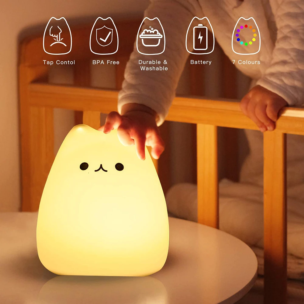 LED Night Lamp Touch Sensor Silicone Cute Cat Lights 7 Color Table Lamp Eye Protection Bedroom Bedside Nightlight Gift Children