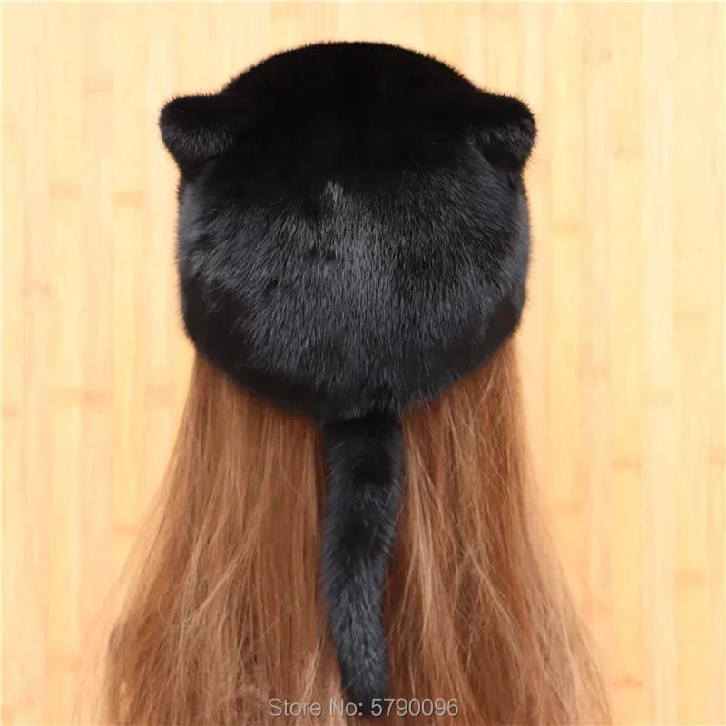 Mink knight hat female mink fur hat fashion all-match cute whole mink cat ear baseball cap tail shape cap winter warm