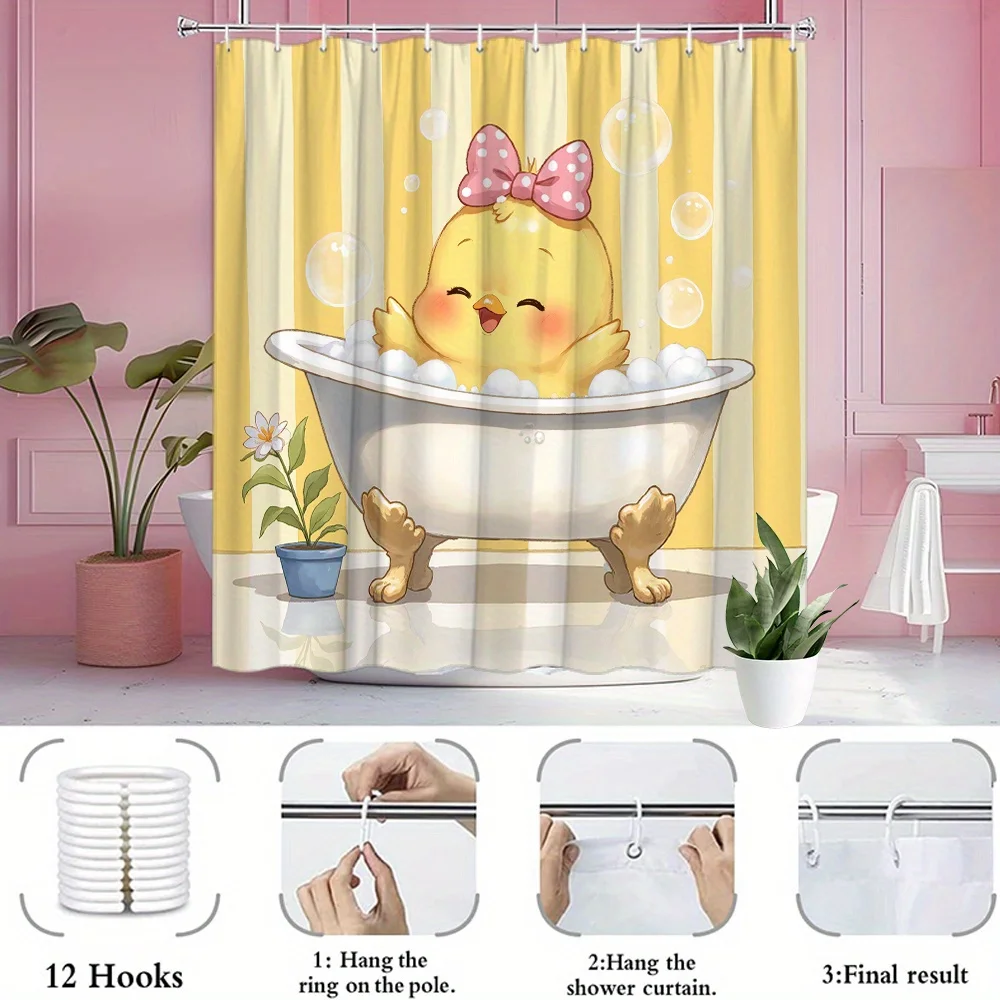 Cute Baby Chick in Bathtub Shower Curtain Waterproof Easy to Clean Privacy Protection Print Cartoon with 12 Hooks Quick Setup