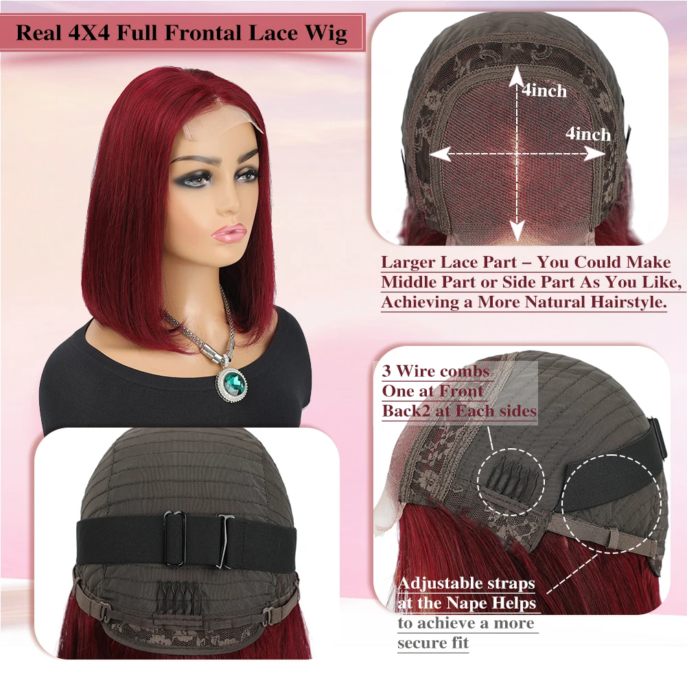 Bob Wig Straight 4x4 Burgundy Human Hair Wig 150% Density Lace Front Human Hair Pre Plucked Glueless Bob Wigs for Women