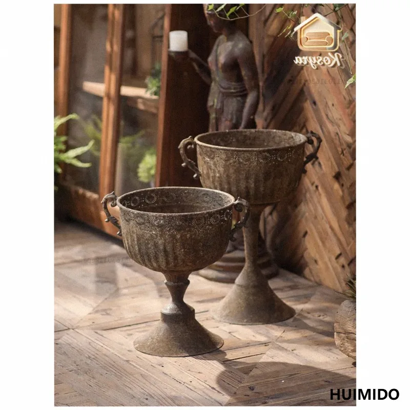 French country retro tall flower pot garden balcony courtyard wrought iron dried flower flower arrangement decorative container