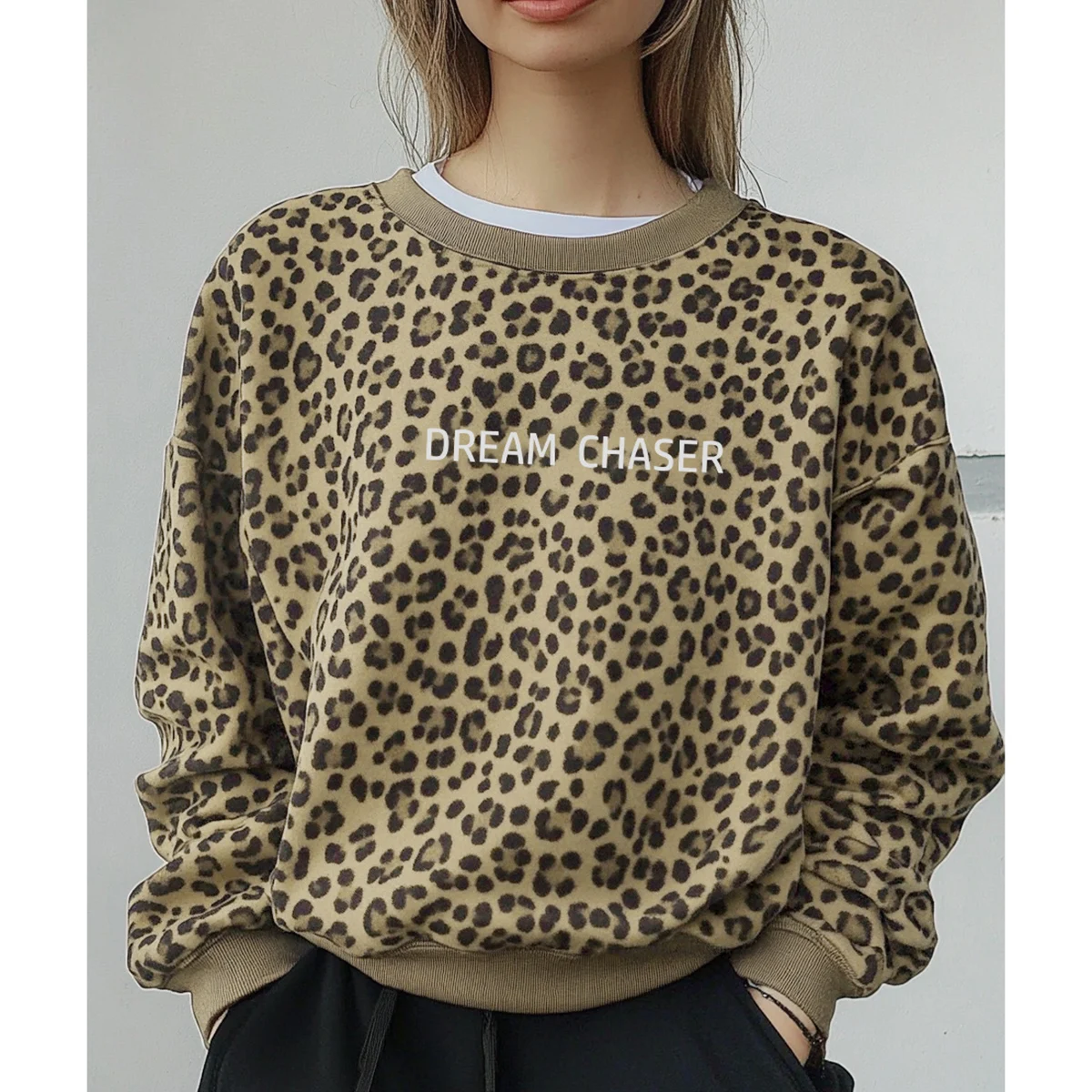 Mia Muse-sudaderas para mujer, Otoño Invierno, básicos salvajes, letras, estampado de leopardo, manga larga, cuello redondo, sudaderas de moda