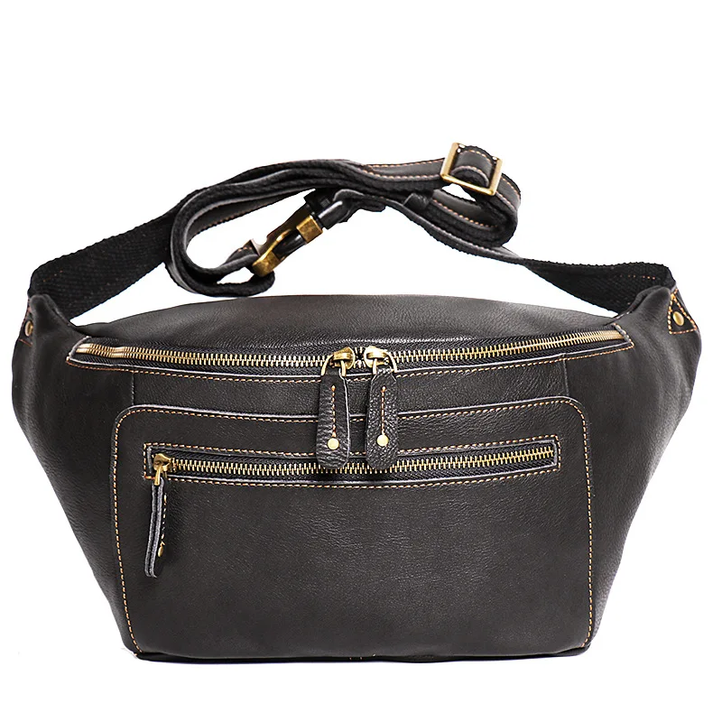 Men's leather Fanny pack cowhide multifunctional crossbody bag large capacity single shoulder bag outdoor riding chest bag