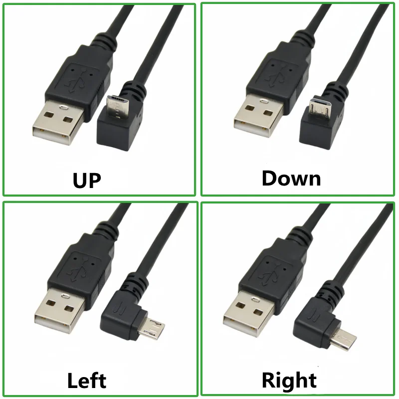 Para cima, para baixo, esquerda e direita ângulo 90 graus micro usb macho para usb macho cabo conector de carga de dados 0.5m 1m para celular tablet