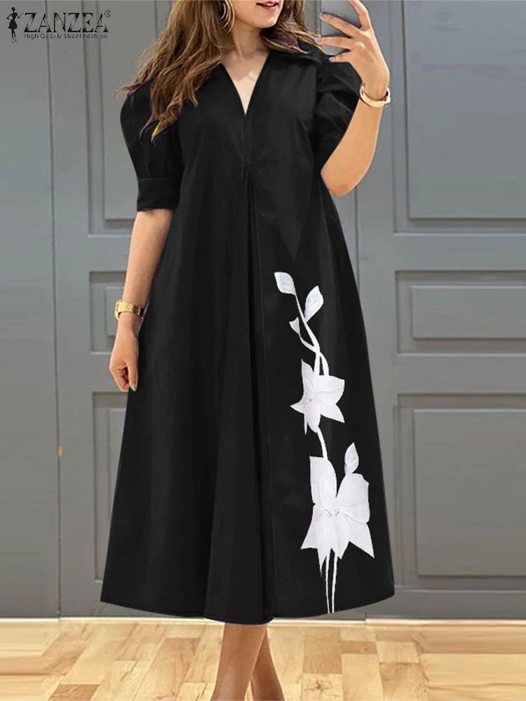 

ZANZEA Street Fashion V-Neck Robes Femme Women Casual Loose Flower Print Vestidos Elegant Short Puff Sleeve A-line Midi Dresses