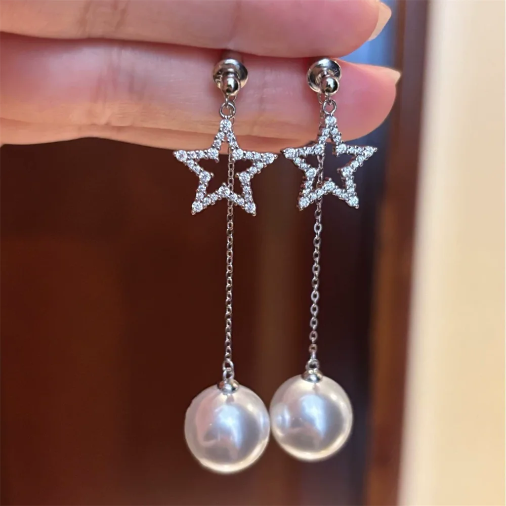 

S925 Sterling Silver Madama Pearl Long Tassel Studs Women's Fashion Star Niche Design High-end Earrings